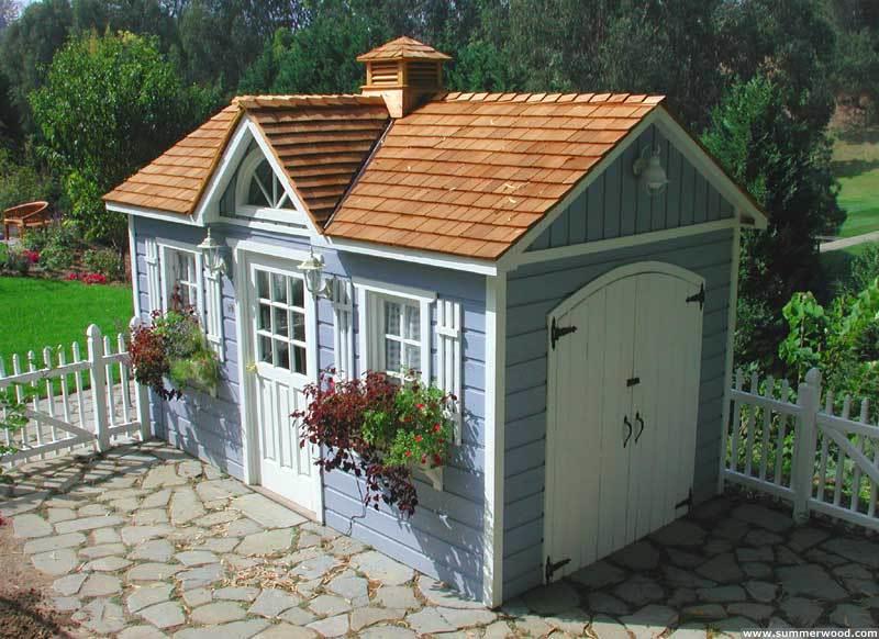 Blue Canexel Palmerston shed 8x14 with cedar shingles in Rolling Green, California. ID number 527-1