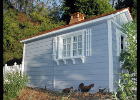 Blue Canexel Palmerston shed 8x14 with cedar shingles in Rolling Green, California. ID number 527-2
