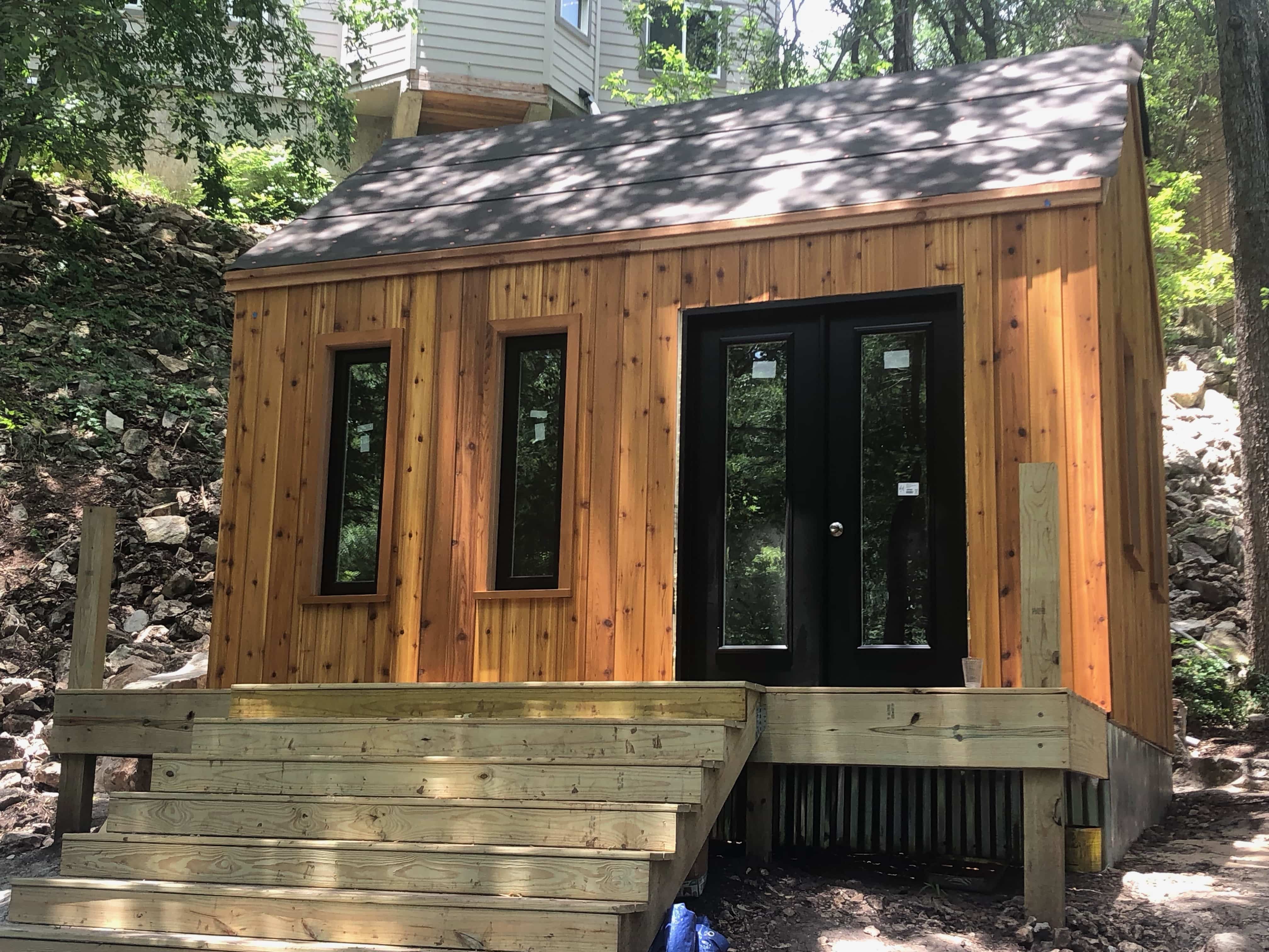 Front view of 12’ x 14' Mini Oban Cabin located in Austin, Texas – Summerwood Products