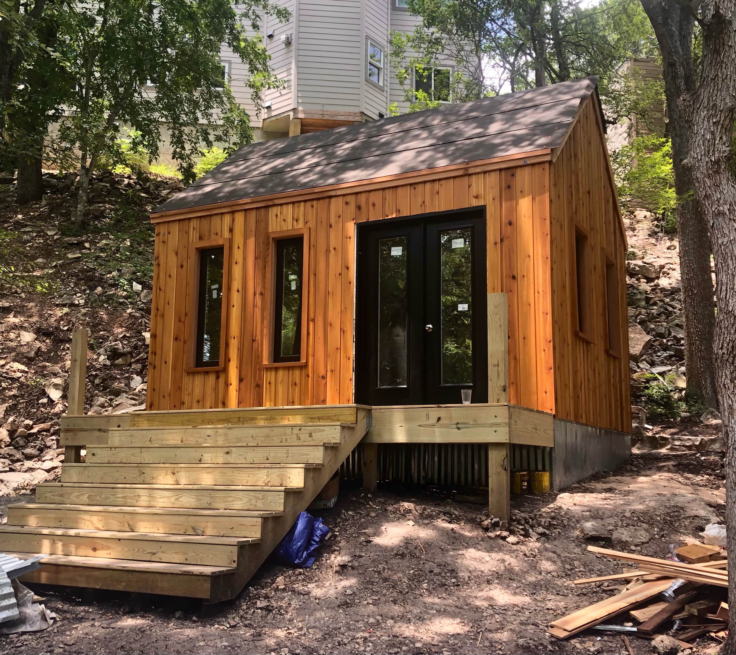 Front view of 12’ x 14' Mini Oban Cabin located in Austin, Texas – Summerwood Products