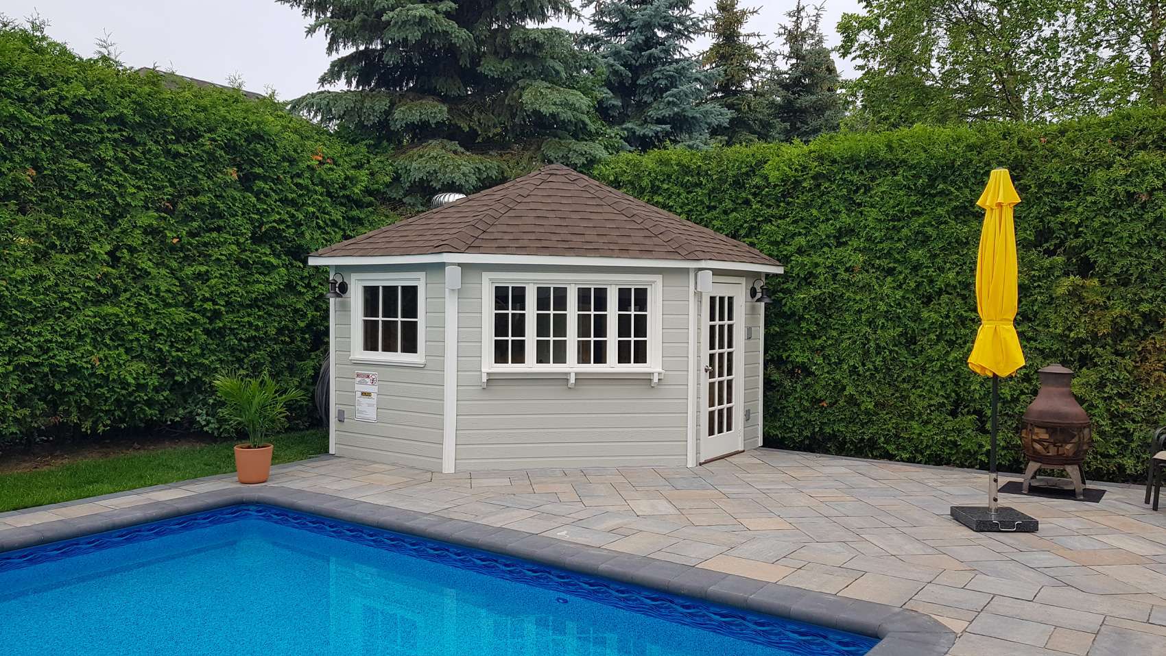 Front view of 11' Catalina Pool Cabana located in Maple, Ontario – Summerwood Products