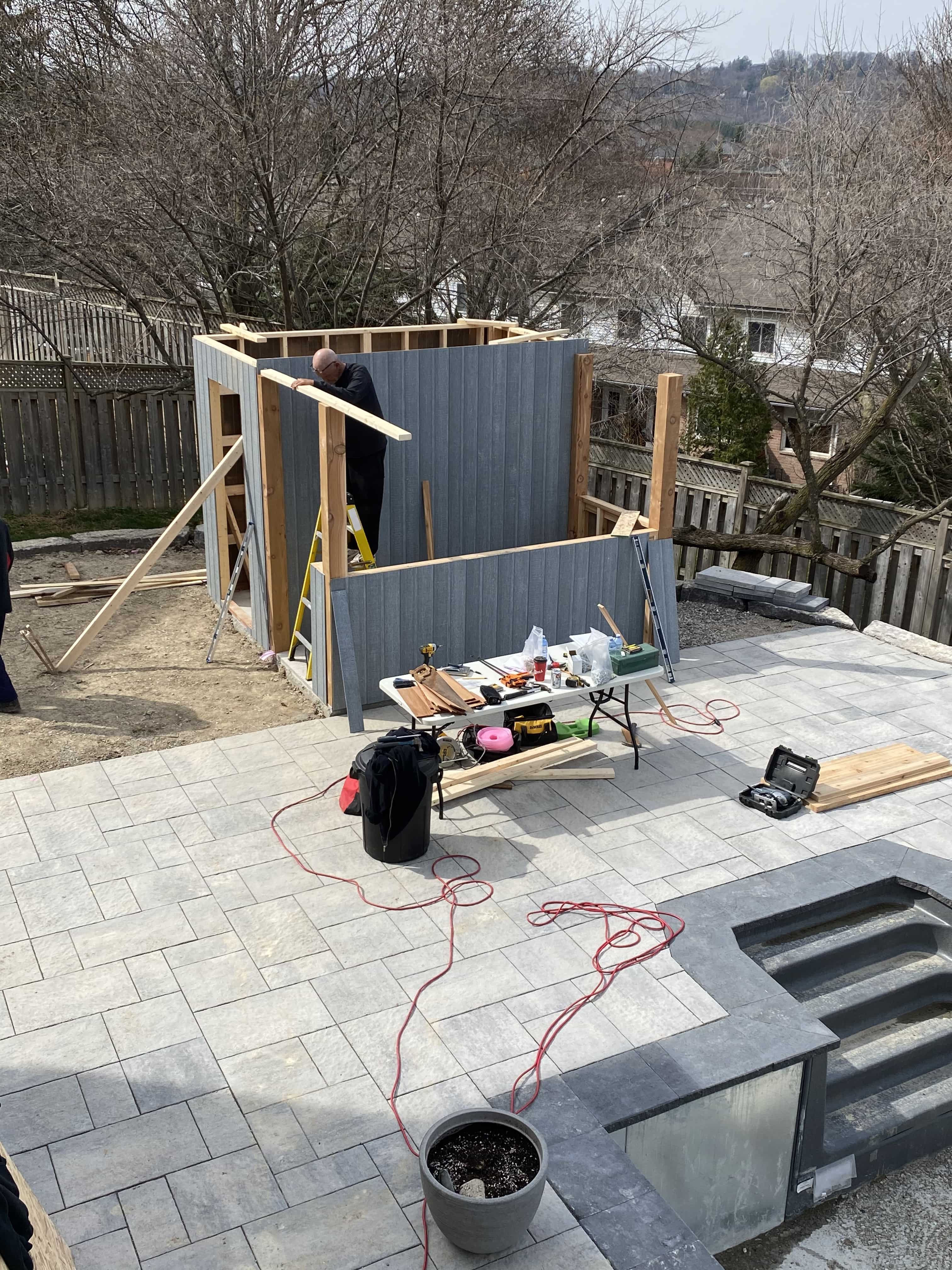 Construction view of 10' x 10' Surfside Pool Cabana located in Dundas, Ontario – Summerwood Produc