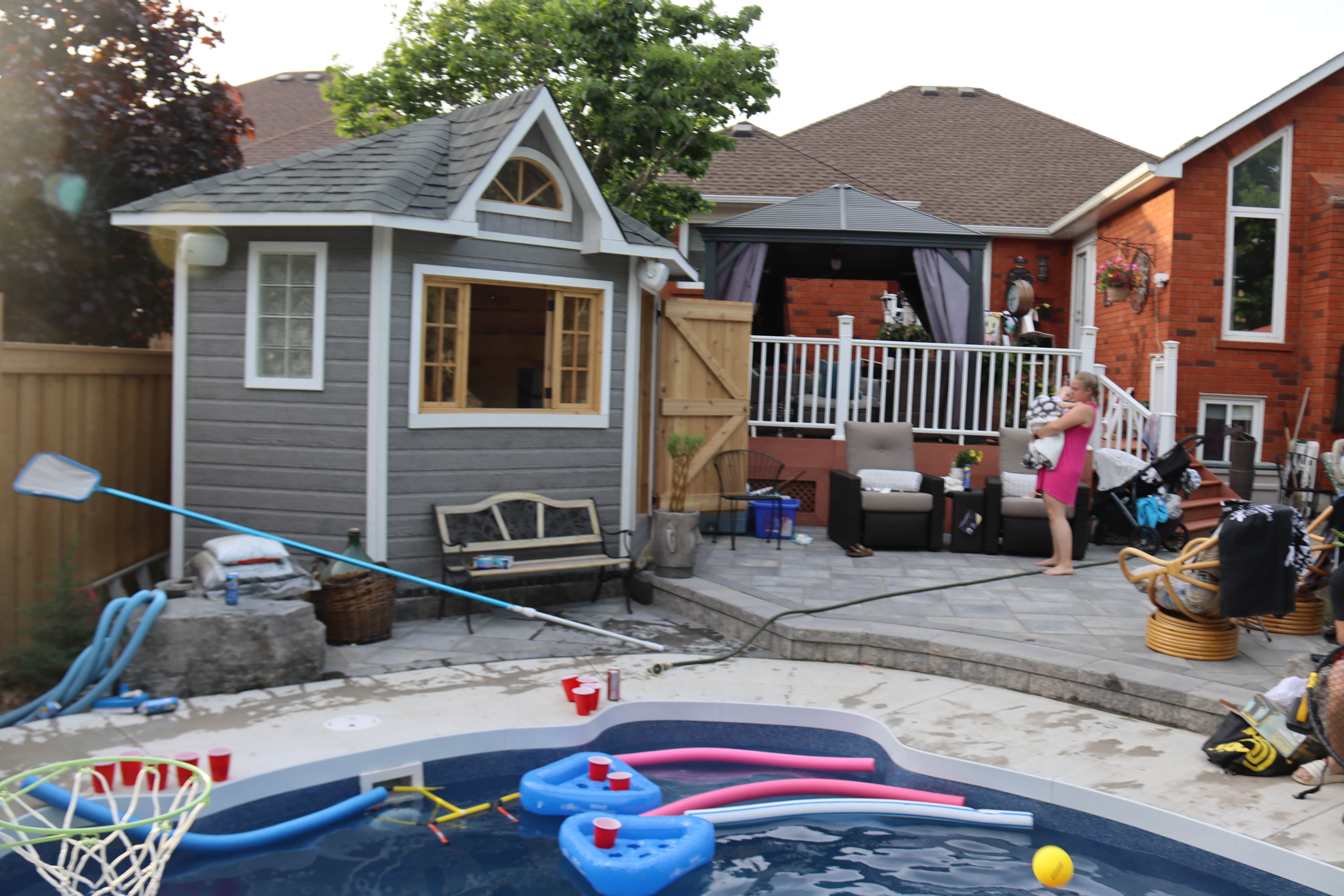 Front view of 9' Catalina Pool Cabana located in Whitby, Ontario – Summerwood Products
