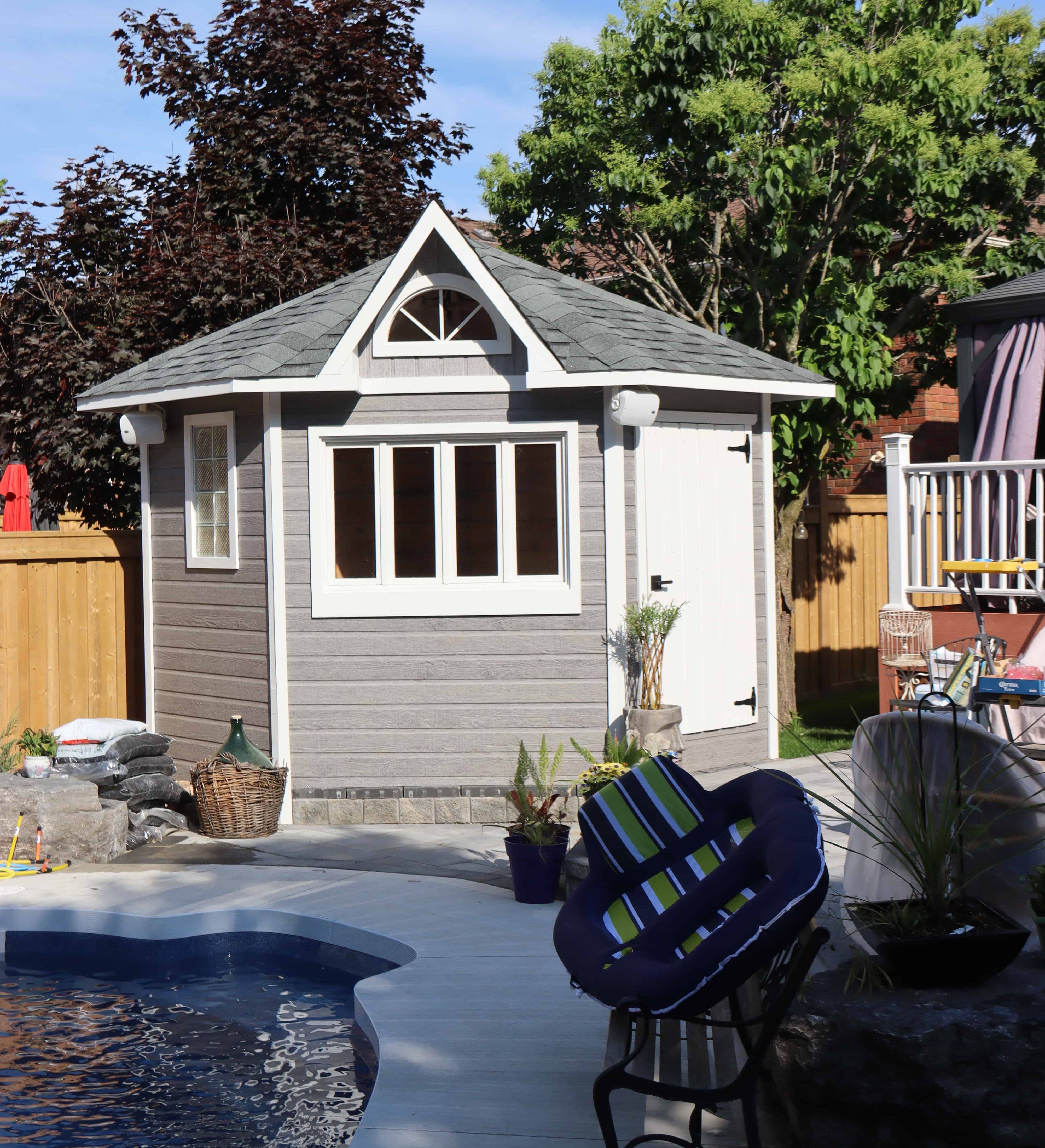 Front view of 9' Catalina Pool Cabana located in Whitby, Ontario – Summerwood Products