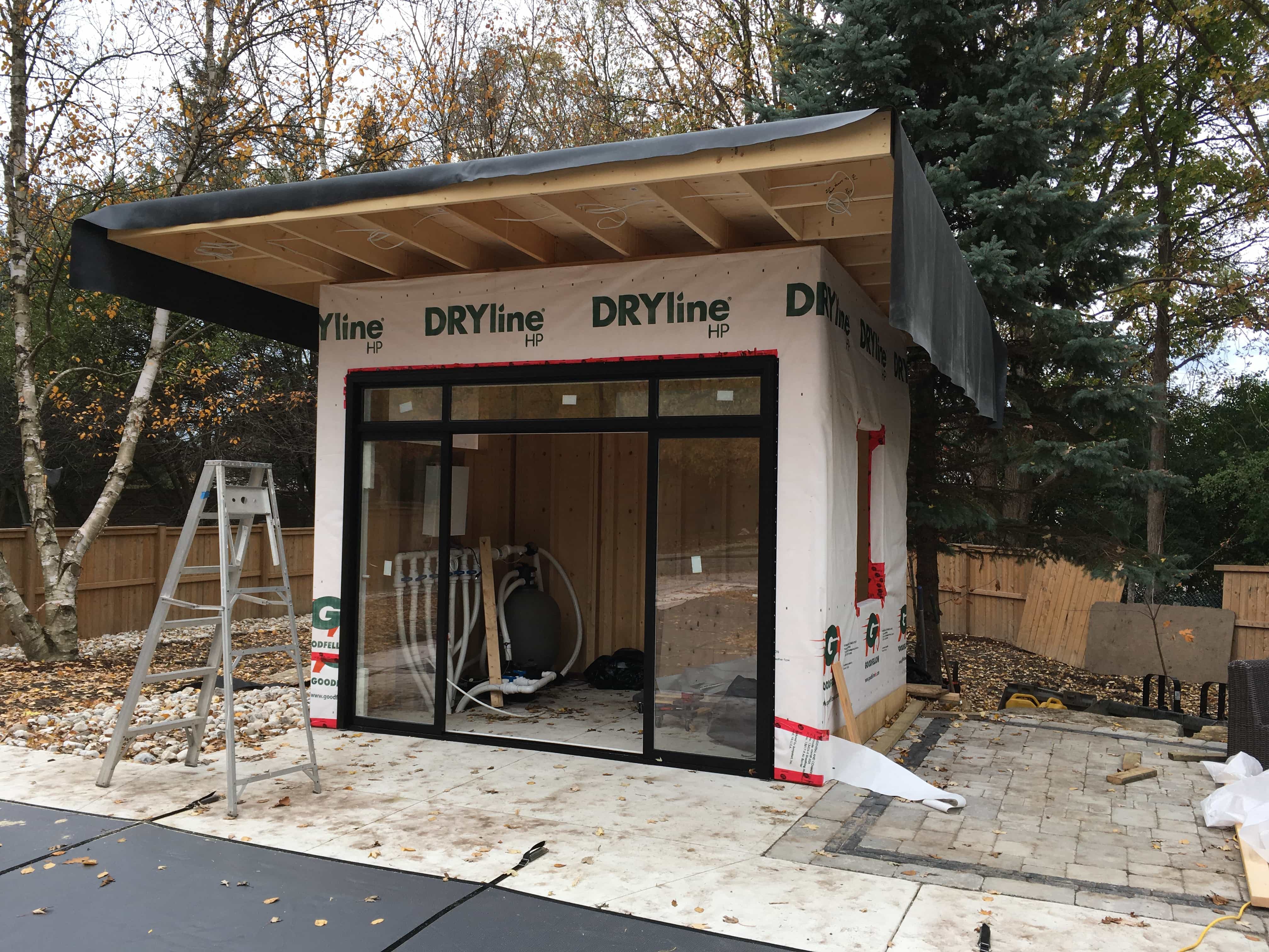 Construction view of 9' x 12' Verana Pool Cabana located in London, Ontario – Summerwood Products