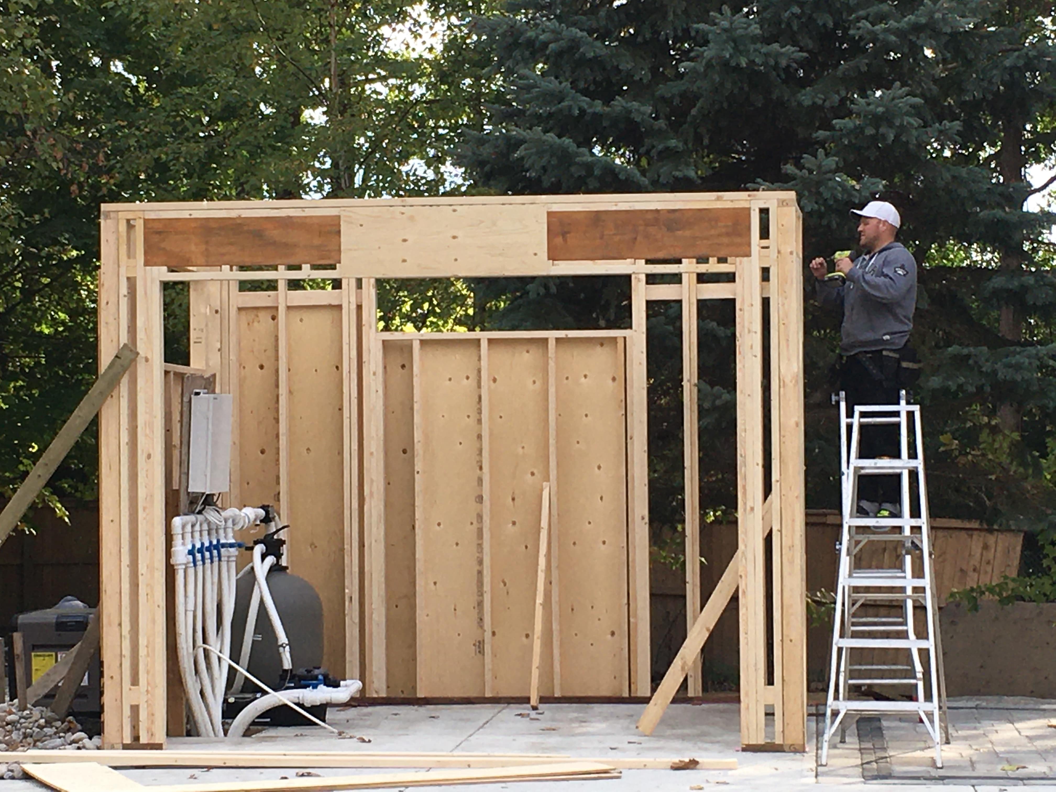 Construction view of 9' x 12' Verana Pool Cabana located in London, Ontario – Summerwood Products