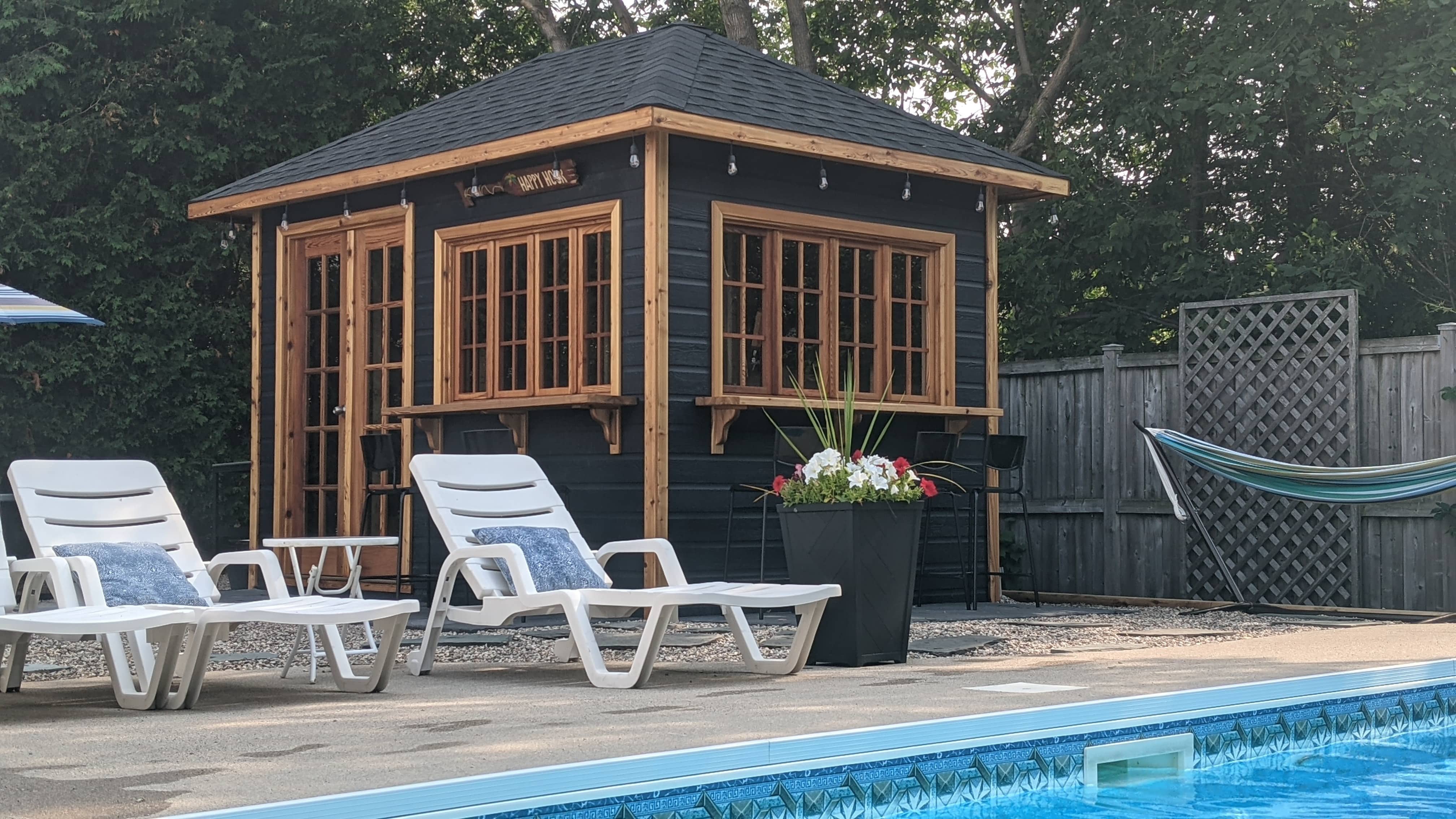 Front view of 8' x 12' Sonoma Pool Cabana located in Stittsville, Ontario – Summerwood Products