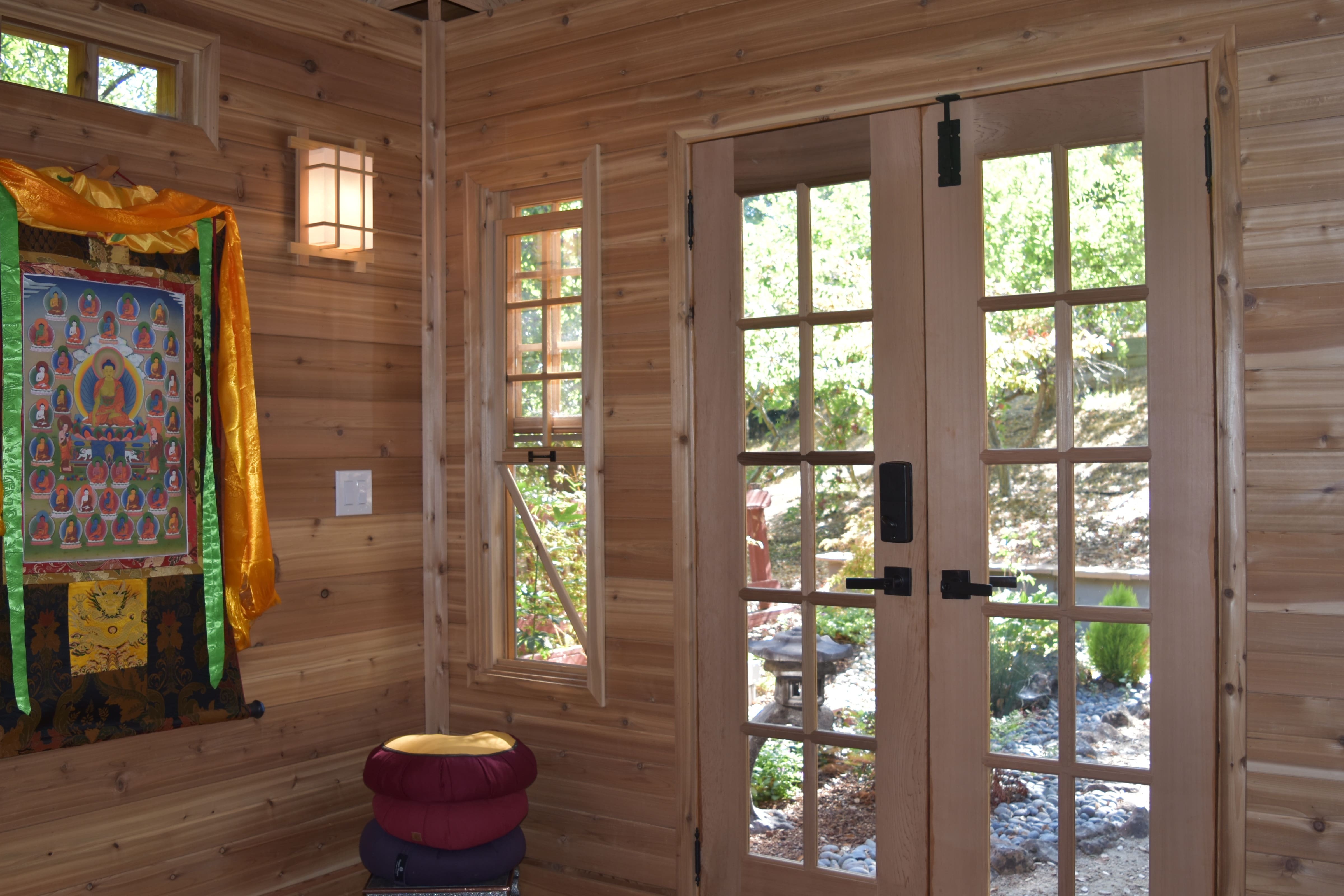 Interior view of 11’ x 11' Melbourne Garden Shed located in Saratoga, California – Summerwood Pr