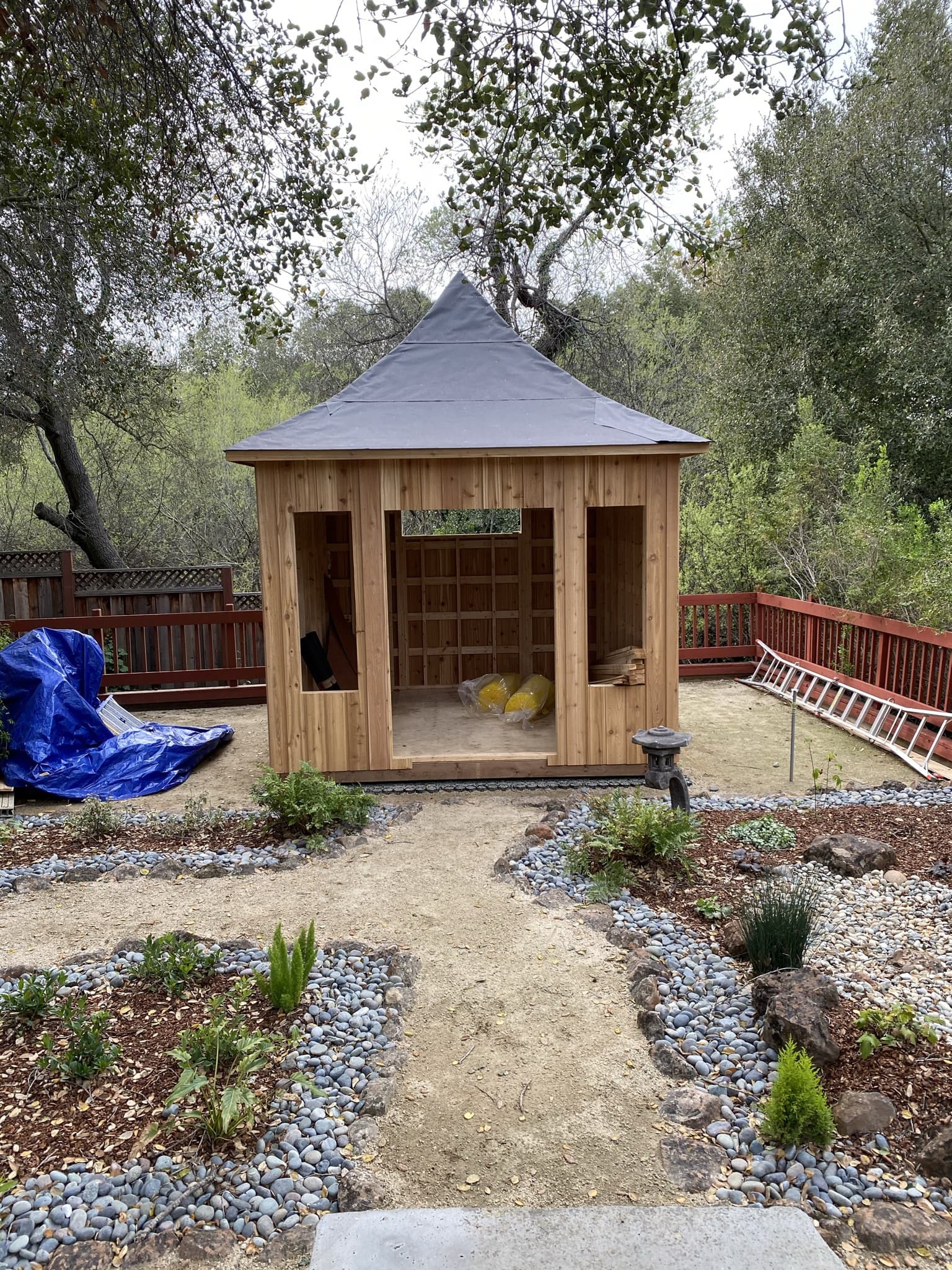 Construction view of 11’ x 11' Melbourne Garden Shed located in Saratoga, California – Summerwoo