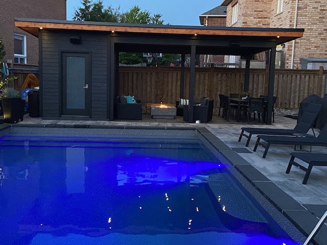 Front view of 10’ x 25' Sanara Pool Cabana located in Aurora, Ontario – Summerwood Products