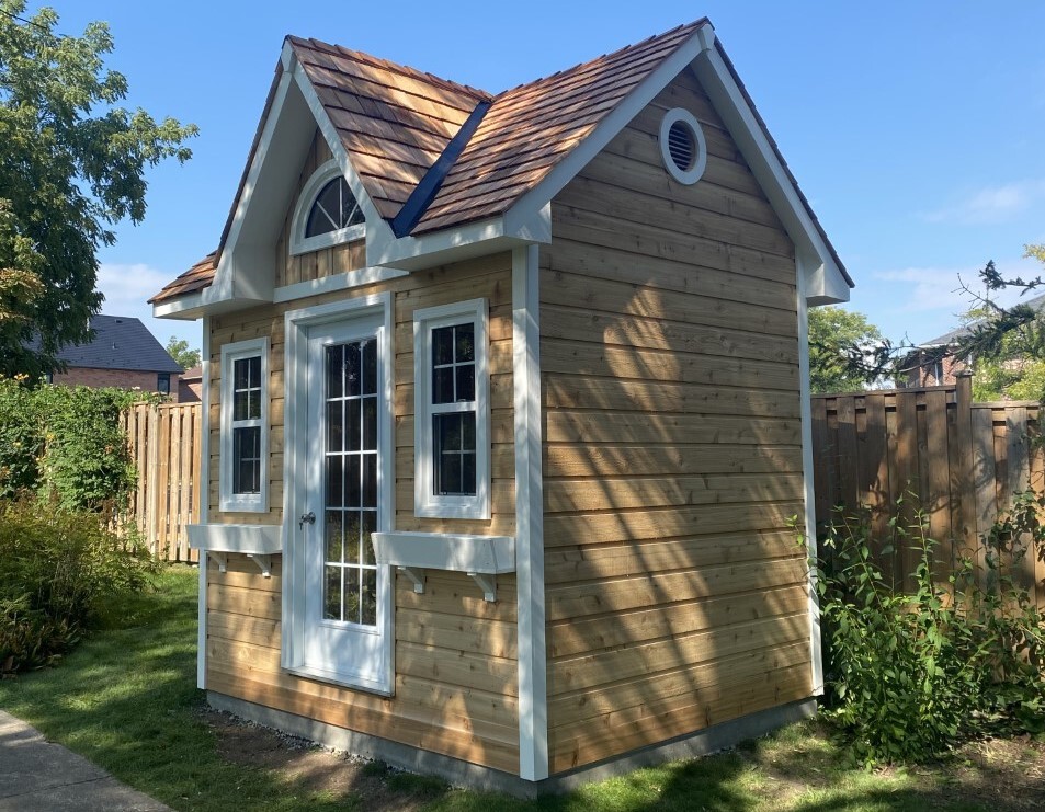 Side view of 8’ x 10' Copper Creek Garden Shed located in Pickering, Ontario – Summerwood Produc