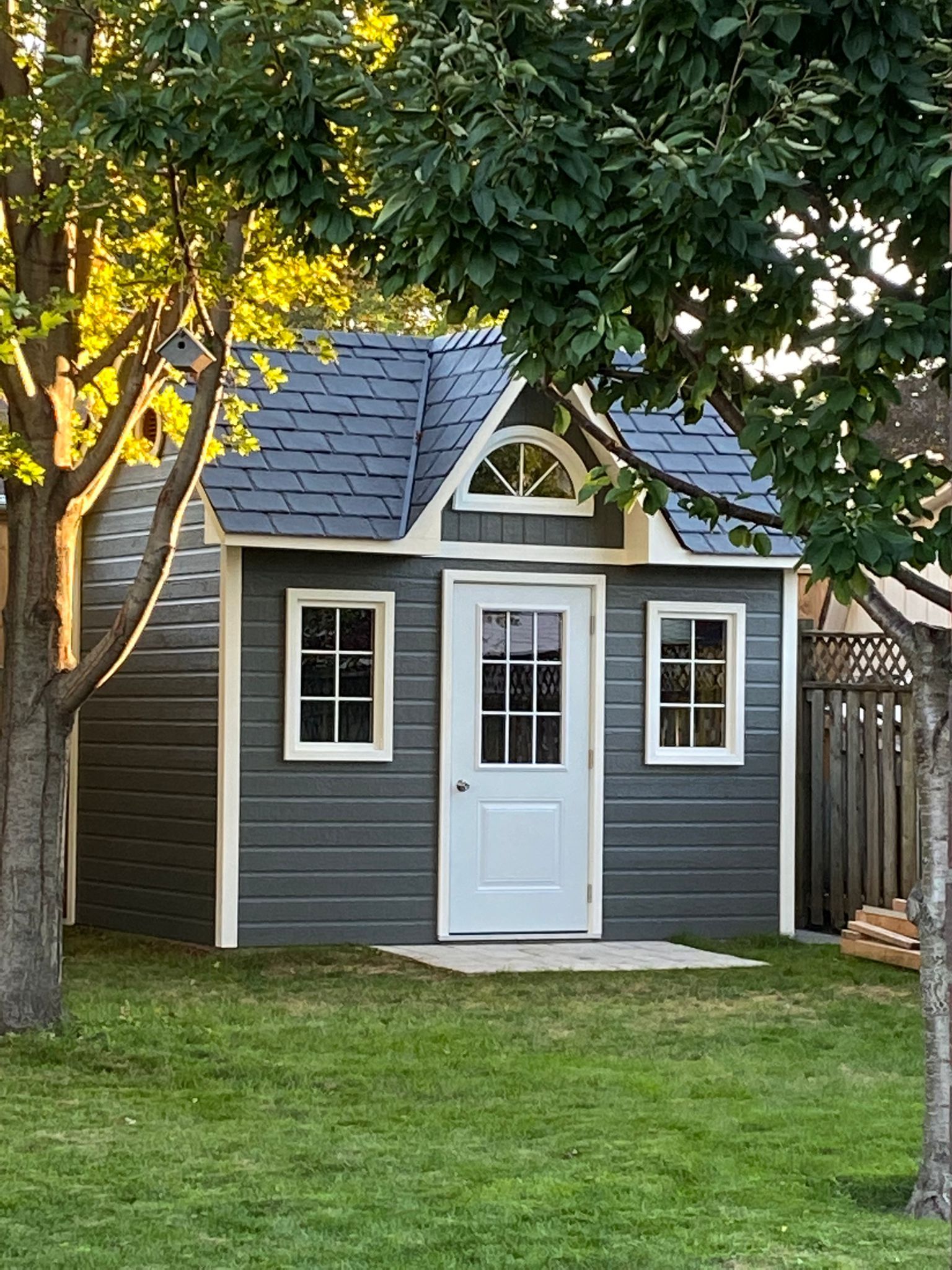 Front view of 8’ x 12' Copper Creek Garden Shed located in Grimsby, Ontario – Summerwood Product