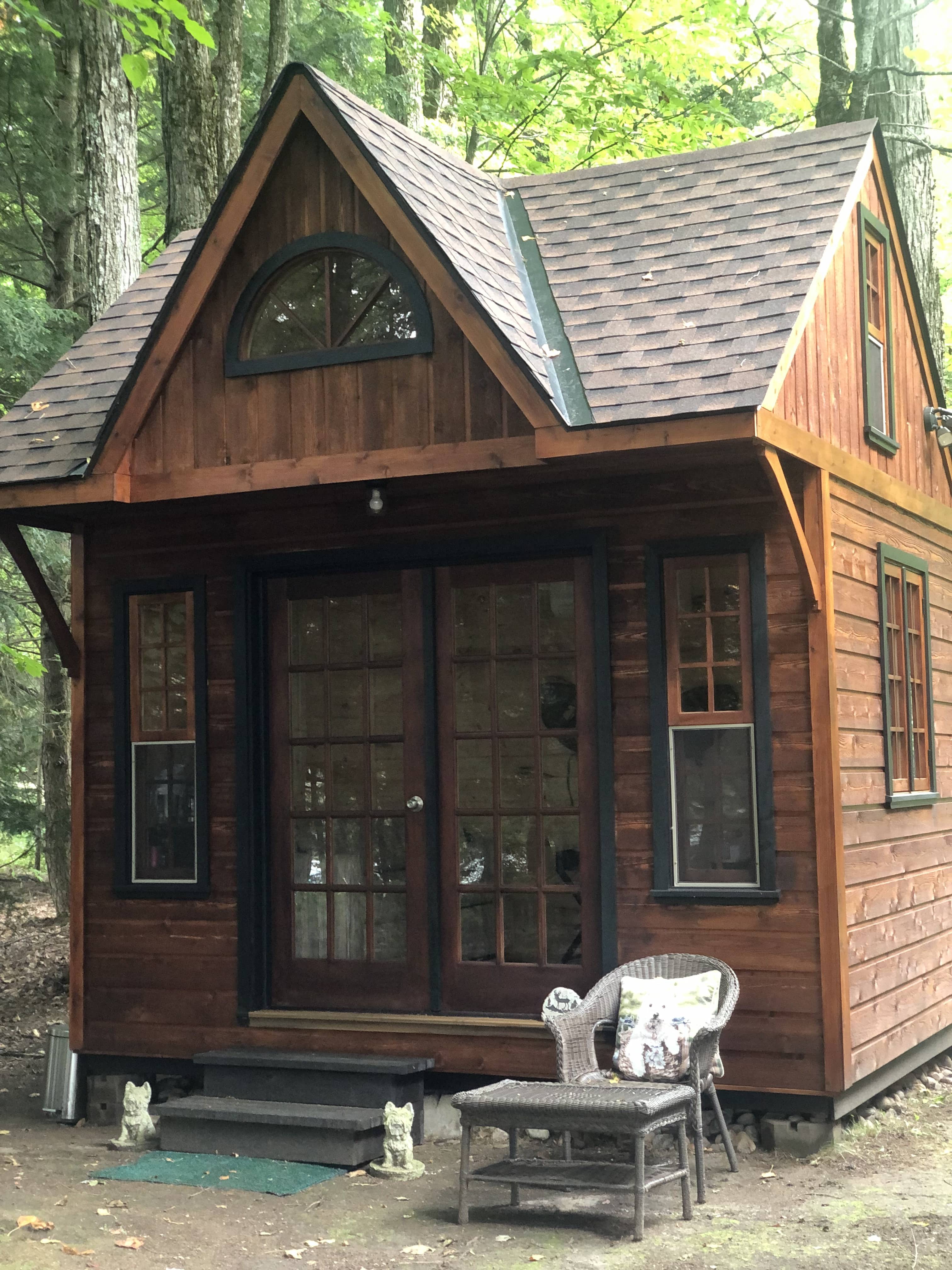 Front view of 9’ x 12' Bala Bunkie Cabin located in Apsley, Ontario – Summerwood Products