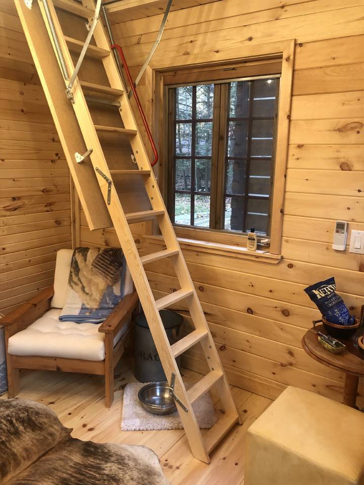 Interior view of 9’ x 12' Bala Bunkie Cabin located in Apsley, Ontario – Summerwood Products