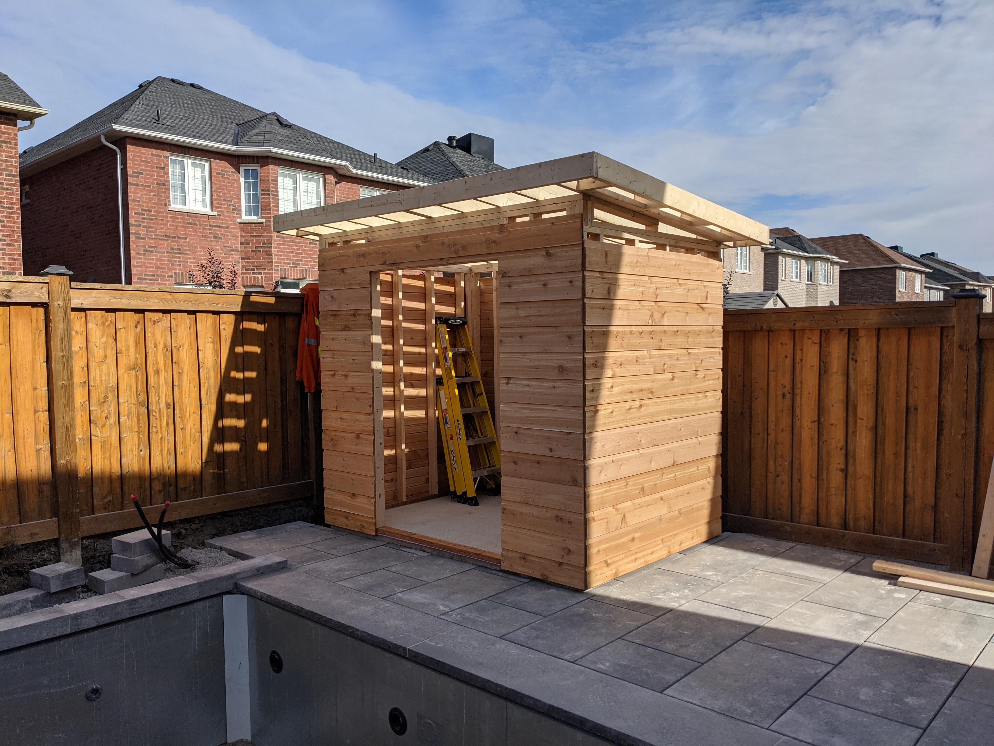 Construction view of 6' x 9' Urban Studio Pool Cabana located in Ajax, Ontario – Summerwood Produc