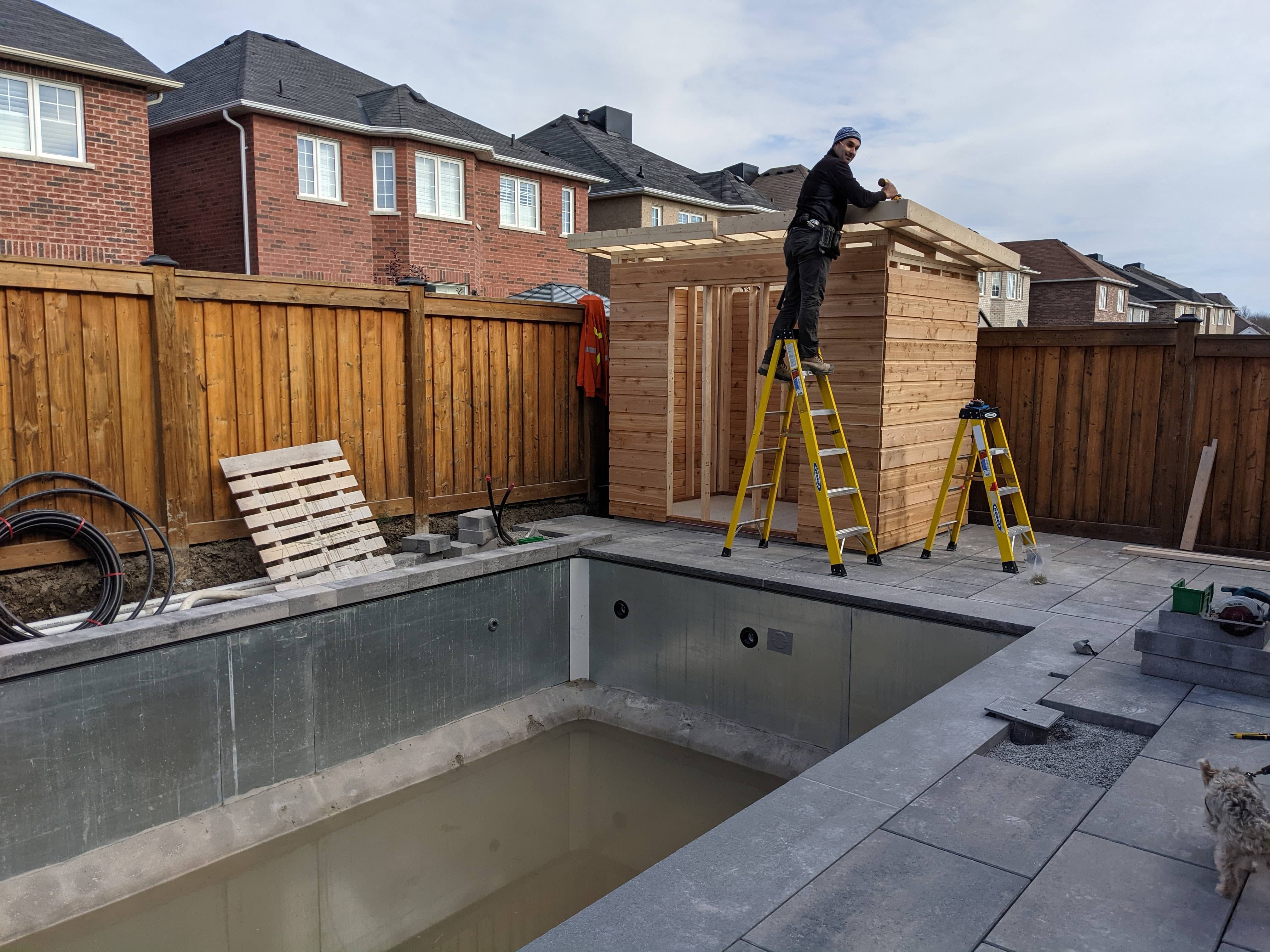 Construction view of 6' x 9' Urban Studio Pool Cabana located in Ajax, Ontario – Summerwood Produc