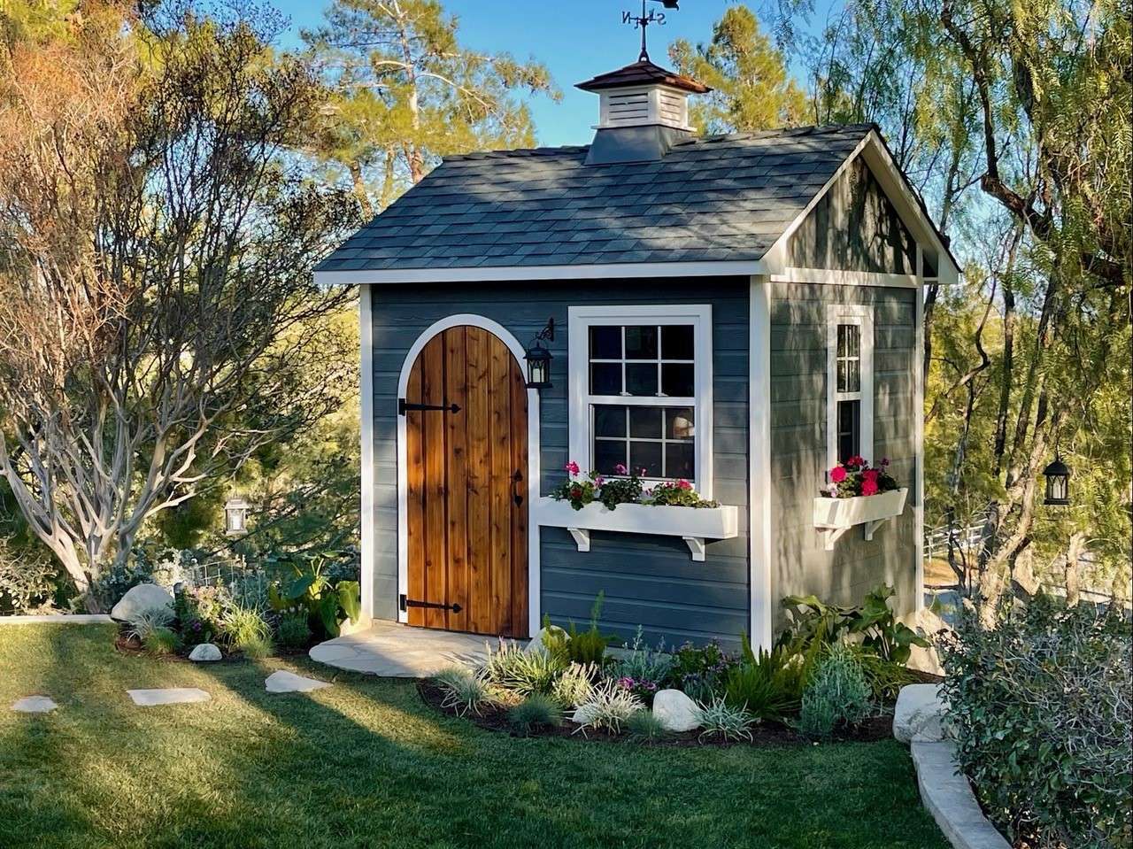 Front view of 7' x 9' Palmerston Garden Shed located in Castiac, California - Summerwood Products
