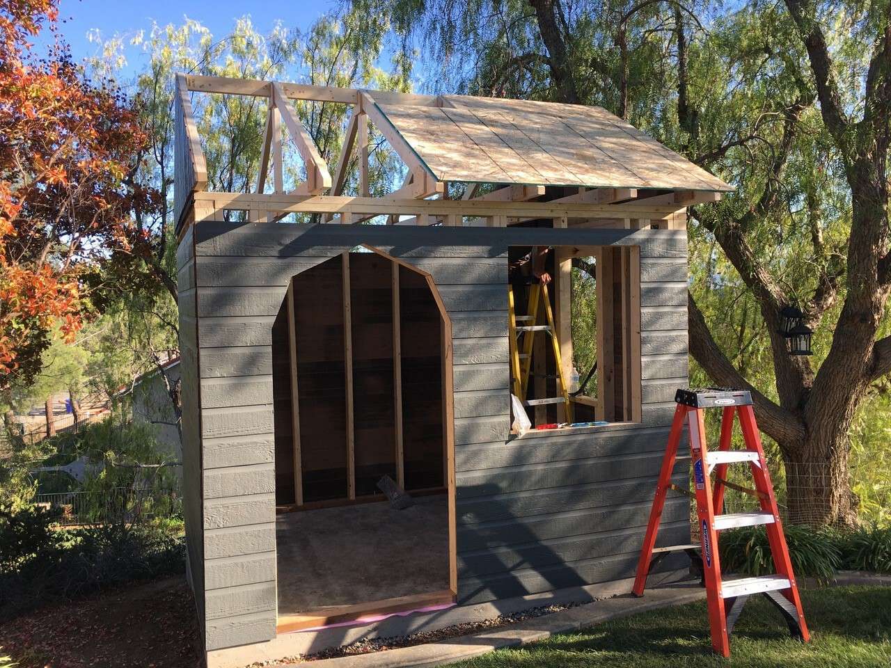 Front view of 7' x 9' Palmerston Garden Shed located in Castiac, California - Summerwood Products