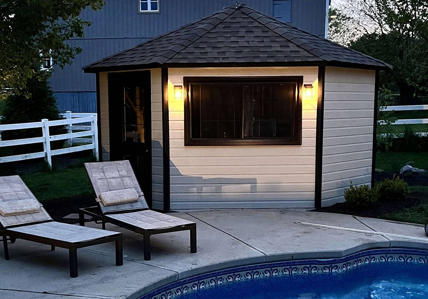 Front Left view of 11' Catalina Pool Cabana located in Liberty Township Ohio – Summerwood Products