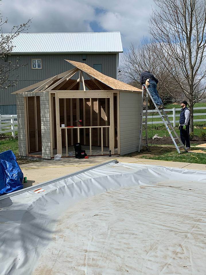 Assembly  of 11' Catalina Pool Cabana located in Liberty Township Ohio – Summerwood Products