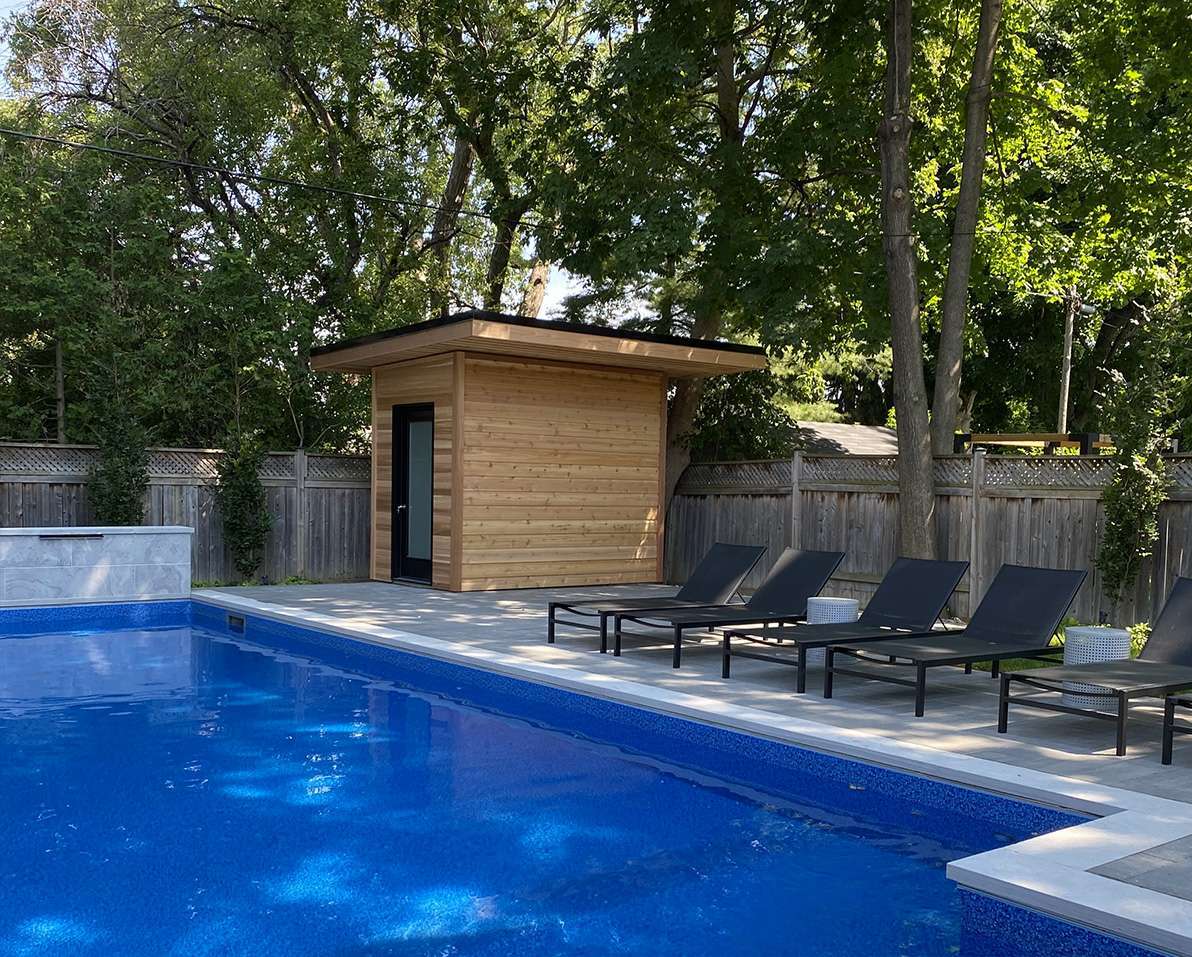 Front right view of an 6' x 10' Verana Pool Cabana located in Toronto, Ontario – Summerwood Produc
