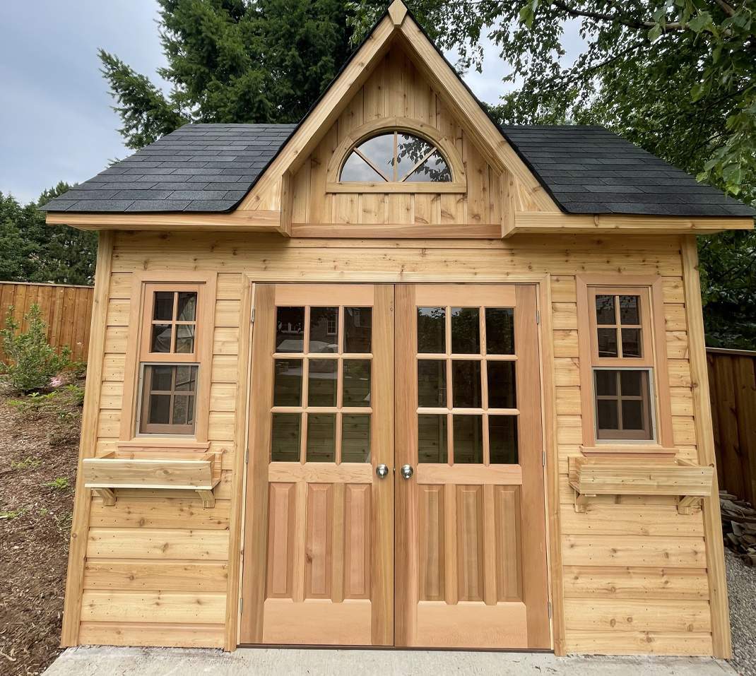 Front view of 8’ x 12’ Copper Creek garden shed located in Kitchener, Ontario – Summerwood Pro