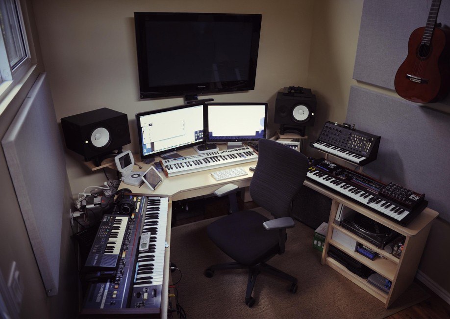 Interior of a man cave music studio - backyard urban studio prefab kit