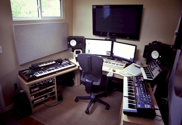 Interior of a man cave music studio - backyard urban studio prefab kit