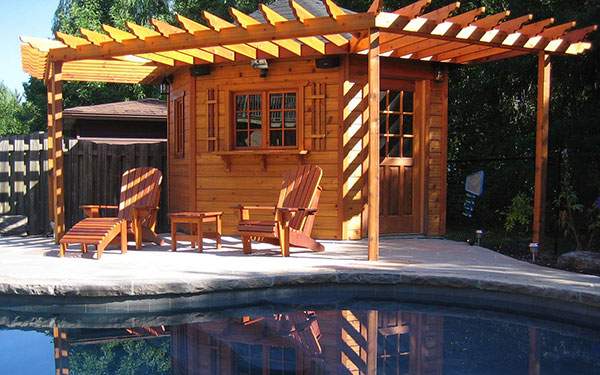 Our 10 ft. Catalina pool cabana with trellis to match the roofline. ID number 47202.